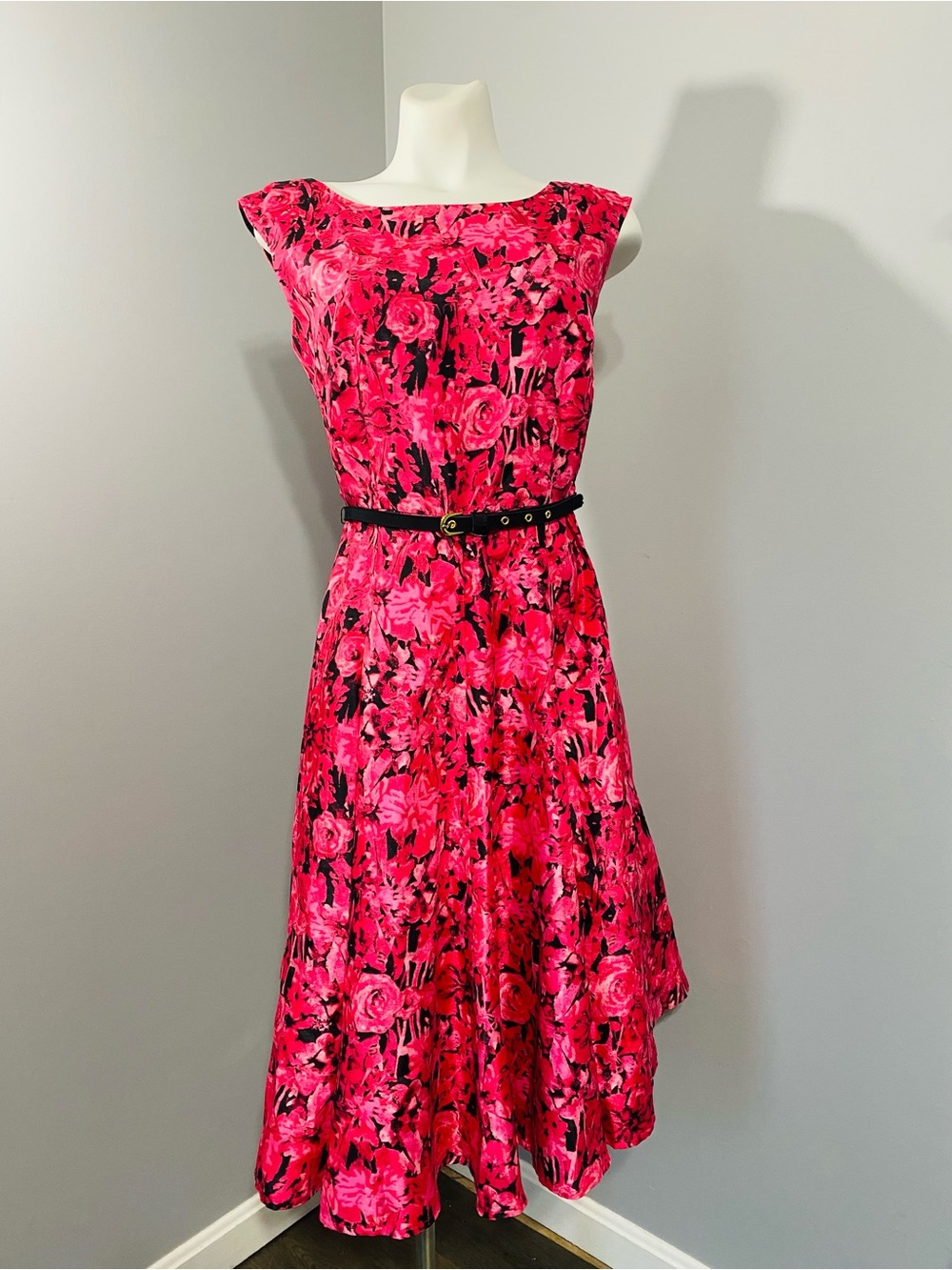 Women's Bright Pink Floral Midi Dress with Black Belt